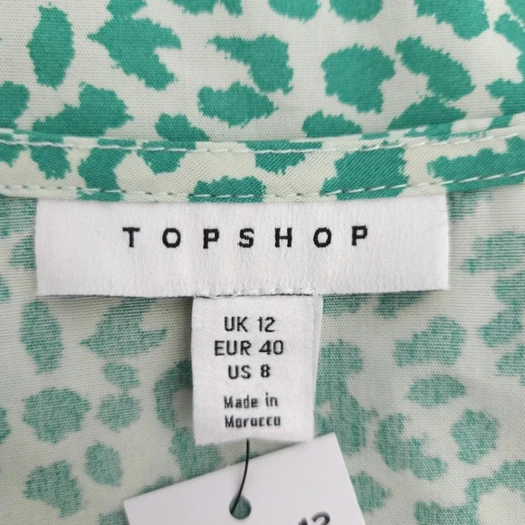 TopShop Blouse Green Leopard Puff Short Sleeve Cropped Top Shirt - Picture 8 of 11